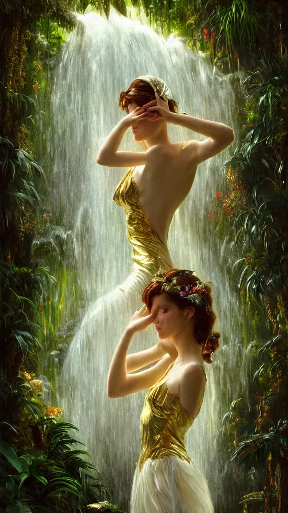 Image similar to hyper realistic photographer looking through a vintage medium format camera, taking pictures, magic pouring from lens, fantasy castle, full body waterfall water dress, design on white background, beautiful details, lush foliage cyberpunk, gold, drawn by john singer sargent, tom bagshaw, norman rockwell, alphonso mucha, lolish, trending on artstation