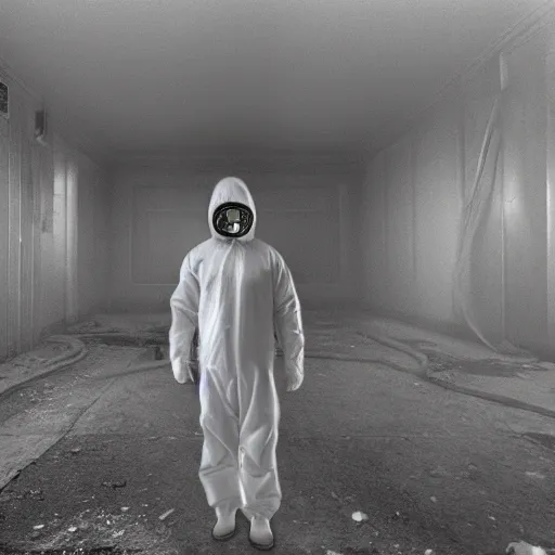 Image similar to news reporter in a hazmat suit 1 9 9 0 s news found footage of an abandoned soviet downtown with a humanoid scp hidden in background, liminal space, backrooms, scp, film grain, rundown, eerie, dark lighting, 3 5 mm, realistic, photograph, hazmat suits, foggy, silent hill style, detailed, hyperrealistic