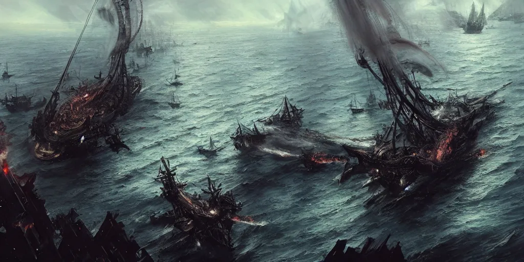 Prompt: A medieval ship flotilla on fire is getting destroyed by a giant kraken sea monster, tentacles, chaos, view from above. In style of Yoji Shinkawa and Hyung-tae Kim, trending on ArtStation, Greg Rutkowski, dark fantasy, great composition, concept art, highly detailed, scenery.