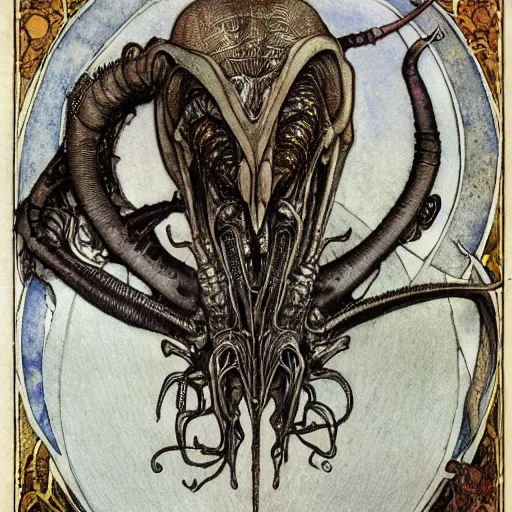 Image similar to a detailed, intricate watercolor and ink art nouveau portrait illustration with fine lines of h. r. giger's xenomorph alien head and torso, by arthur rackham and edmund dulac and lisbeth zwerger and alphonse mucha