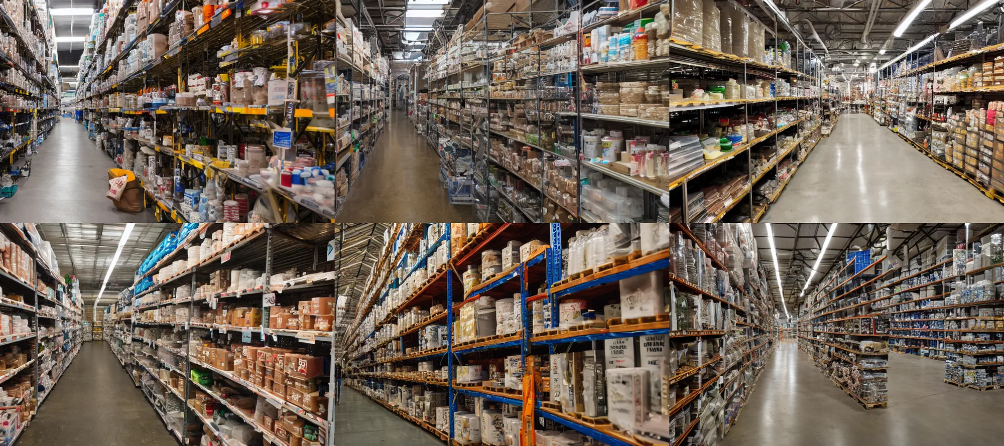 Prompt: 50mm, f12, an aisle in a warehouse filled with individually boxed animatronic elderly people that you can buy to replace your grandparents