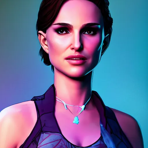 Image similar to natalie portman portrait, borderlands, tales from the borderlands, the wolf among us, comic, cinematic lighting, studio quality, 8 k