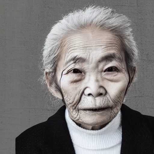 Image similar to portrait of an elderly Japanese woman dressed on a suit and tie, her gray hair in a tight bun, a serious expression on her face, digital art, elegant pose, illustration