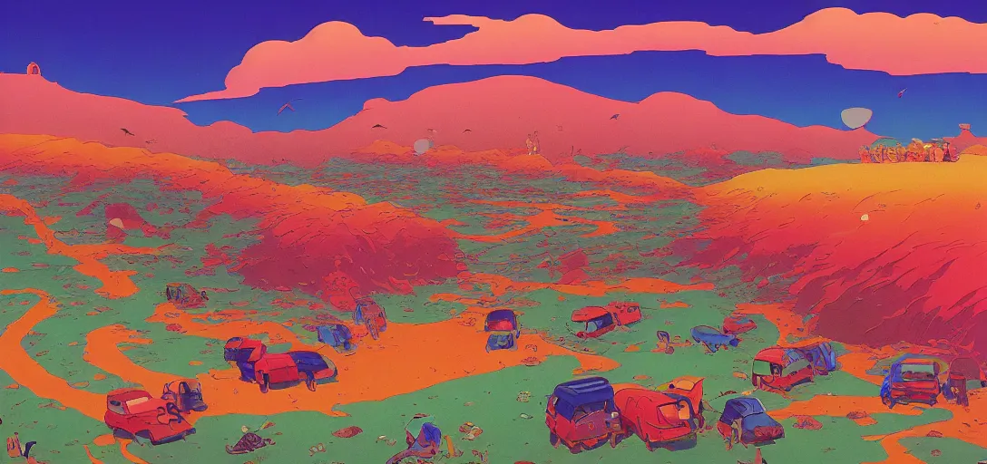 Prompt: a colorful vibrant landscape filled with a convoy of fish cars and fish buses roaring across the desert, dreaming psychedelic hallucinations, by kawase hasui, moebius, edward hopper and james gilleard, zdzislaw beksinski, steven outram colorful flat surreal design, hd, 8 k, artstation