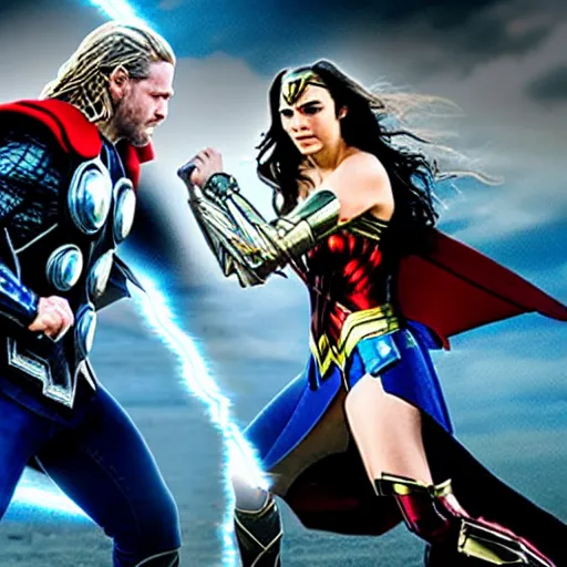 Image similar to thor and wonder woman in new york, fighting against villain electro, cinematic movie scene, epic fight, blue lightning, yellow lightning, photo, effects shot