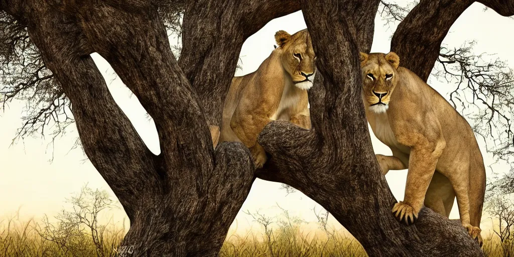 Prompt: scenic nature photography, award winning picture of a cuddly lioness in a tree. the tree is in the middle of the savannah nearby a water hole. extreme detail, hyperrealistic photo, smooth, trending on artstation