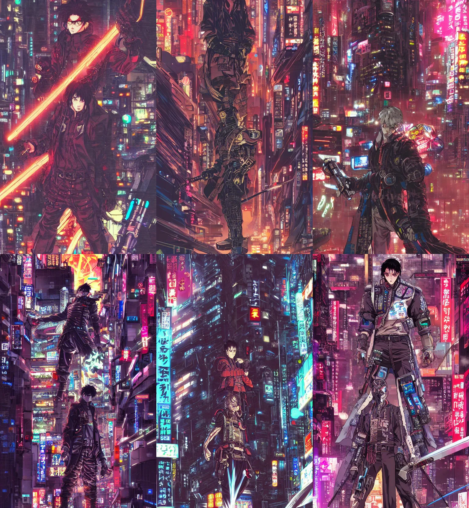 Prompt: a cyberpunk main cover of the manga, a strong male anime hero with spirit sight dual wielding two magical swords, in neo tokyo cyberpunk city, artwork by Katsuhiro Otomo and Chun Lo, trending on artstation