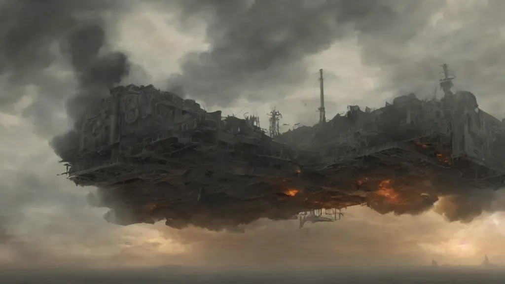 Image similar to an immense steampunk aircraft carrier crashed and burning in a field, thick black smoke billowing, turbulent storm clouds, dystopian, sharp focus, octane render, imax