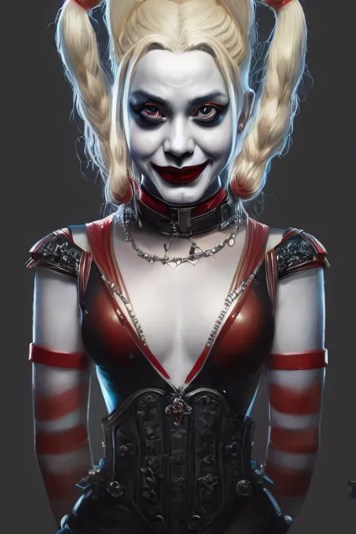 Image similar to highly detailed portrait of an elegant harley quinn, ornate crown, beautiful symmetrical face, glowing skin, digital painting, artstation, concept art, smooth, clear focus, illustration, greg rutkowski, artgerm, global lighting, detailed and fantasy