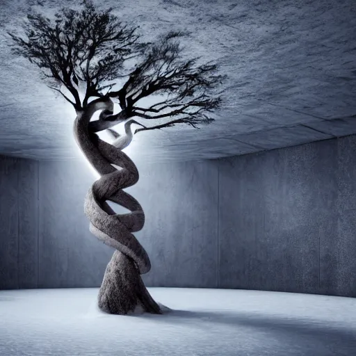 Prompt: a twisted tree growing in an abandoned brutalist bunker, in the round, skylight with light shining down, snow falling through skylight, photorealistic