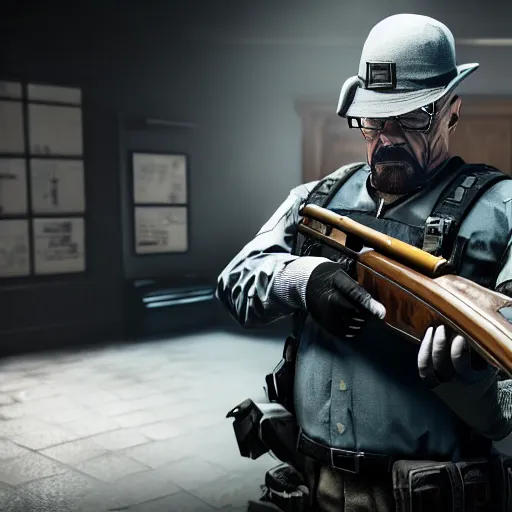 Prompt: walter white holding a shotgun in rainbow six siege, 4 k, highly detailed