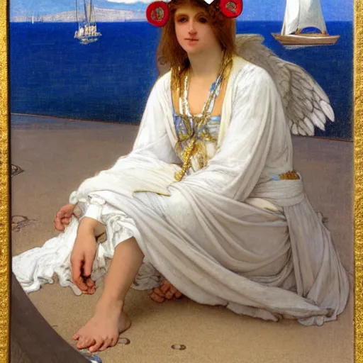 Image similar to An angel with jester hat and clothes on a greek circle archi on the front of a Balustrade with a beach and a sail boat on the background, major arcana cards, by paul delaroche, alphonse mucha and daniel garber daniel garber arnold böcklin hyperrealistic 8k, very detailed