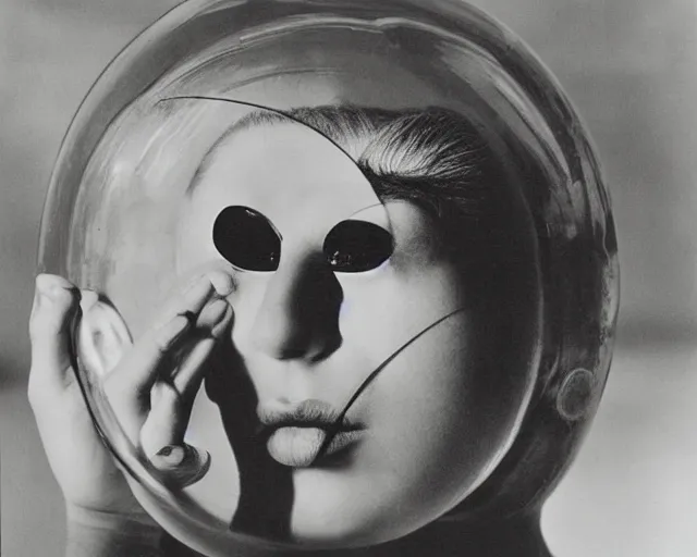 Image similar to a vintage black and white photo of a woman in a fish bowl, a surrealist sculpture by Claude Cahun, tumblr, art nouveau, hall of mirrors, surrealist, 1920