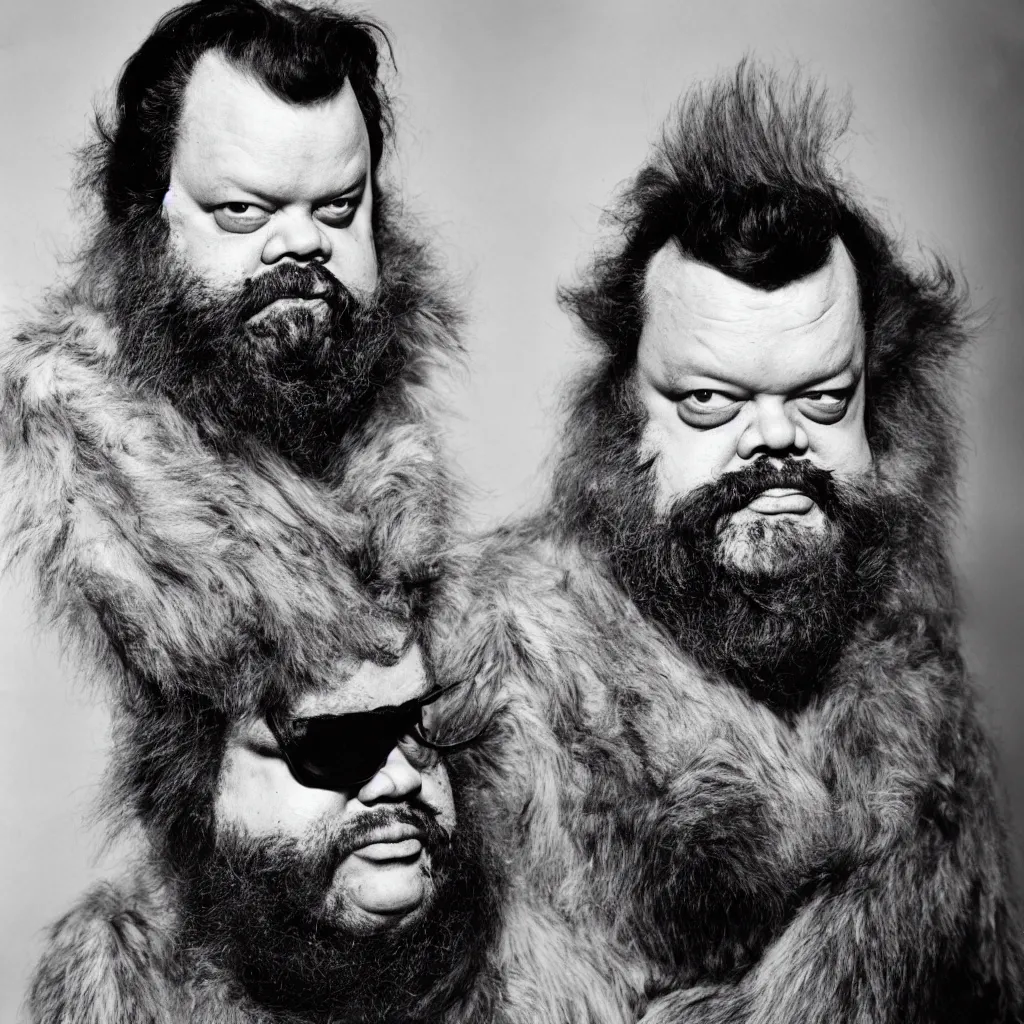 Prompt: An Alec Soth portrait photo of Orson Welles as hairy werewolf, wearing multiple military helmets