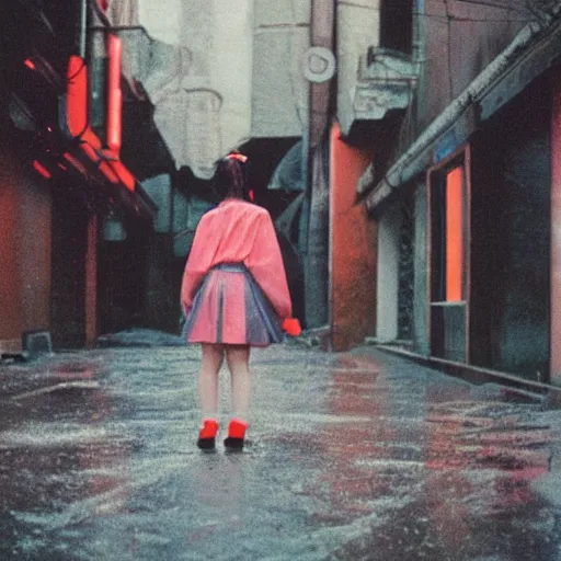 Image similar to 1990s perfect 8K HD professional cinematic photo of close-up japanese schoolgirl dancing in dystopian alleyway with neon signs, at evening during rain, at instagram, Behance, Adobe Lightroom, with instagram filters, depth of field, taken with polaroid kodak portra