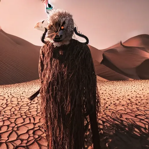 Image similar to full body shot of floating old asian man with long beard, his head covered in flowers, full face occult silver mask, glowing eyes, wearing a large carved wooden fractal stick, smoke around him, in the burning soil desert, cinematic shot, wide angle, desert background, volumetric lighting by Denis Villeneuve, Lubezki, Gaspar Noe Christopher Doyle and Alejandro Jodorowsky, anamorphic lens, anamorphic lens flares, kodakchrome, cinematic composition, practical effects, award winning photo, 8k