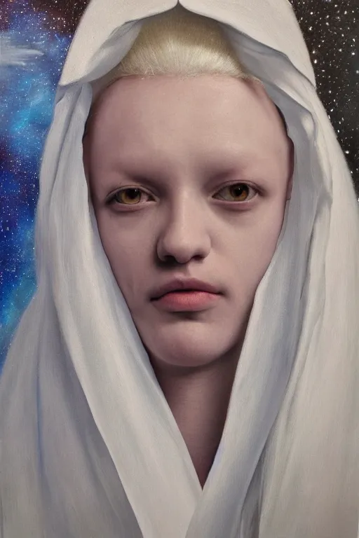 Image similar to hyperrealism oil painting, close - up portrait of albino medieval fashion model, knight, steel gradient mixed with nebula sky, in style of baroque