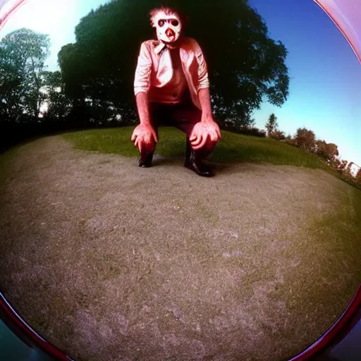 Prompt: the most horrifing photo of michel myers, fish eye