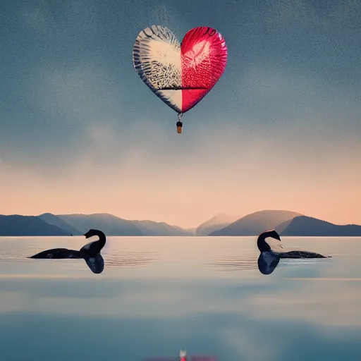 Image similar to photo of two black swans swimming in a beautiful reflective mountain lake, touching heads, forming a heart with their necks, a colorful hot air balloon is flying above the swans, hot air balloon, intricate, portrait, 8k highly professionally detailed, HDR, CGsociety, octane render, 4k