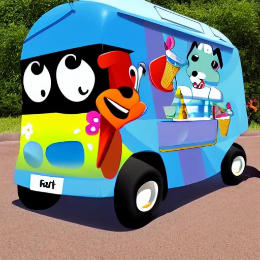 Image similar to cartoon dog driving an ice cream van