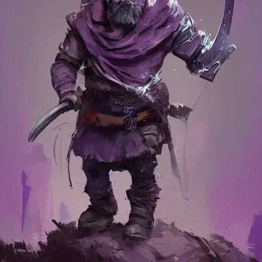 Image similar to male duergar adventurer with purple skin, by Ismail Inceoglu, wearing leather adventuring clothes, shabby, short, bald, wielding knife, mischievous grin, character portrait, digital art, dungeons and dragon, character