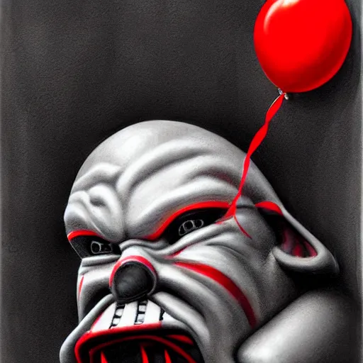 Image similar to surrealism grunge cartoon portrait sketch of darth vader with a wide smile and a red balloon by - michael karcz, loony toons style, clown style, horror theme, detailed, elegant, intricate