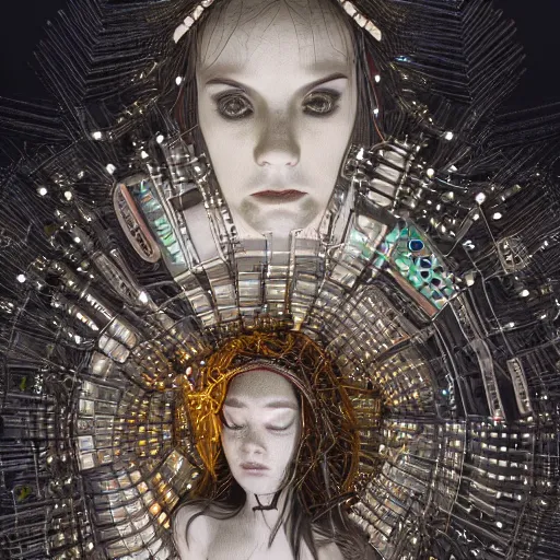 Image similar to tapping in to something greater, piles of modular synth cables, goddess laying down wearing a headpiece made of circuit boards, by cameron gray, wlop, stanley kubrick, masamune, hideki anno, unique perspective, trending on artstation, 3 d render, vivid