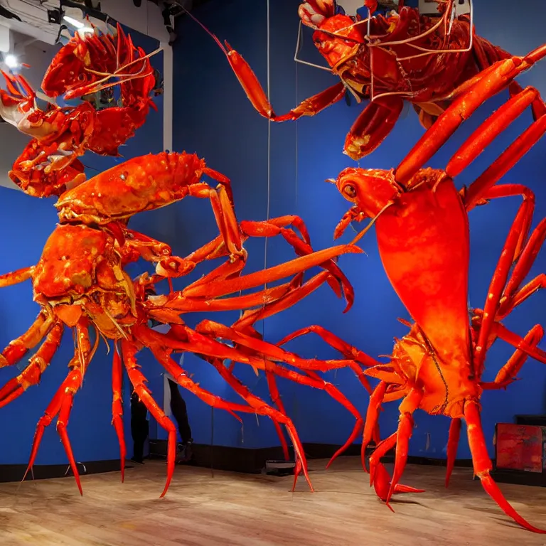 Prompt: fluxus performance of primary colors light projection onto several giant lobsters in a cramped art gallery, high contrast hyperrealism trending on arstation 8 k