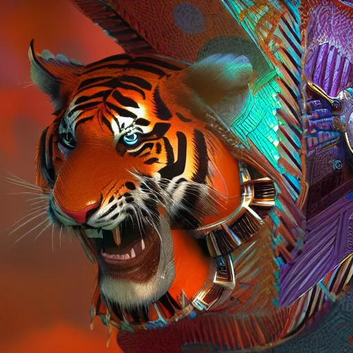 Image similar to 3 d breathtaking cool beautiful mayan ornate biomechanical coloured tiger, isometric perspective, 8 k octane render