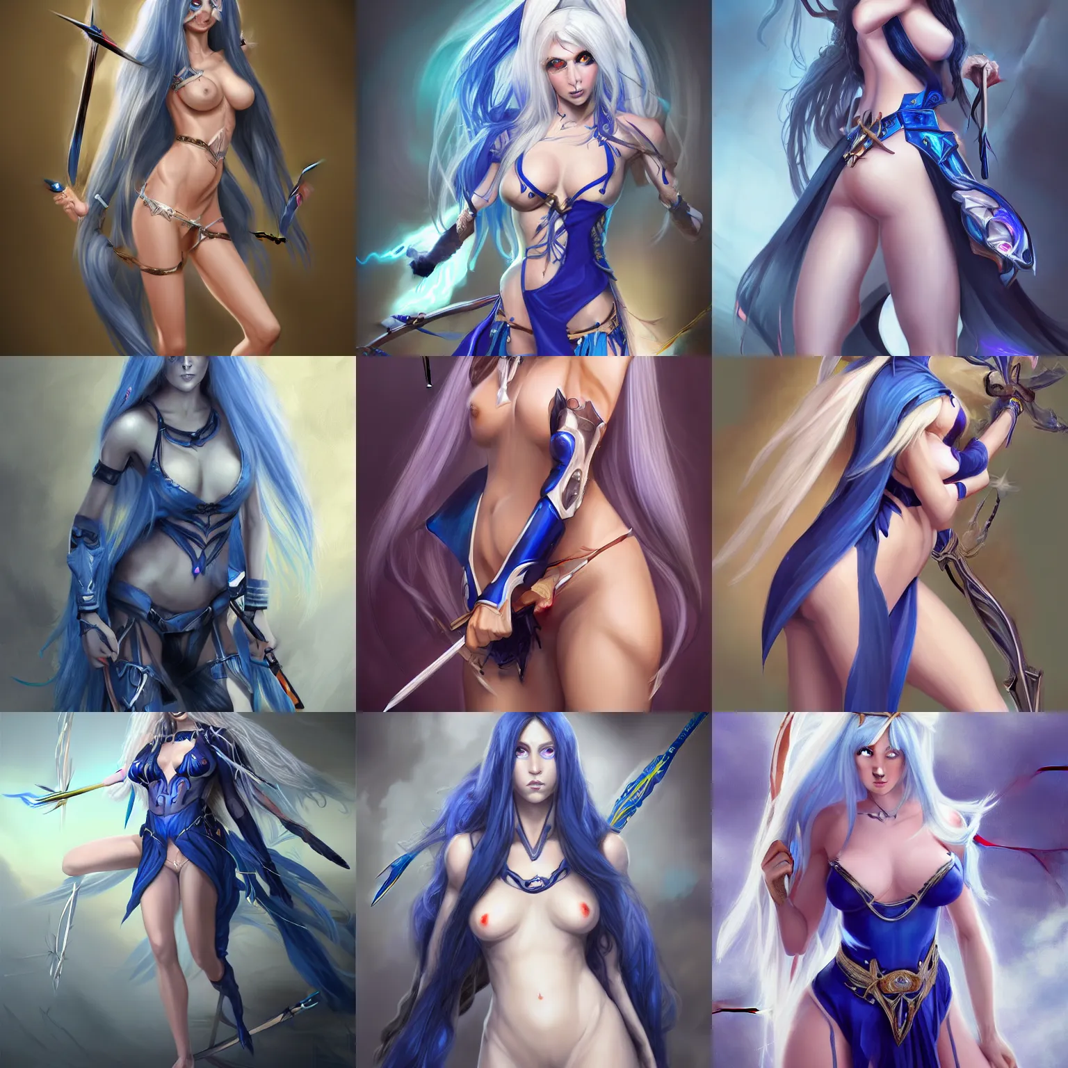 Prompt: a portrait painting of a beautiful dark elf woman with long white hair wearing a revealing blue outfit that leaves her stomach and legs exposed. She has a bow and quiver of arrows strapped to her back. Her eyes are piercing blue, and she has a look of determination on her face by Krenz Cushart, trending on ArtStation.