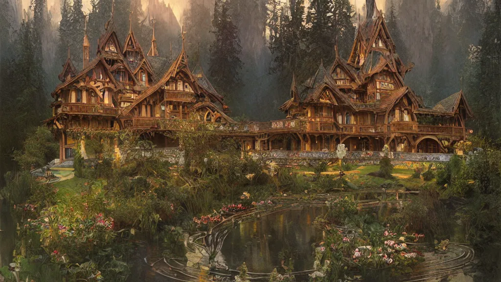 Image similar to a beautiful painting of art nouveau swiss chalet elven rivendell at sunrise, intricate, elegant, highly detailed, digital painting, artstation, concept art, by krenz cushart and artem demura and alphonse mucha