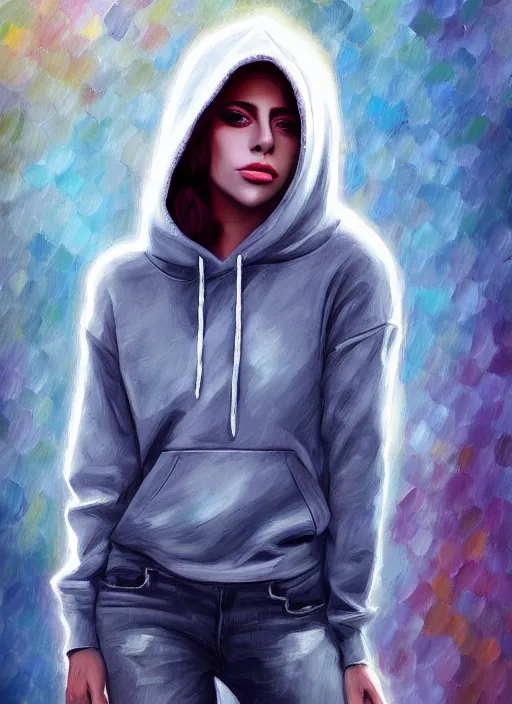 Prompt: lady gaga,, gray hoodie, jeans, tiara, half body shot, path traced, highly detailed, high quality, digital painting, alena aenami, leonid afremov, lilia alvarado, shinji aramaki, karol bak, alphonse mucha, tom bagshaw