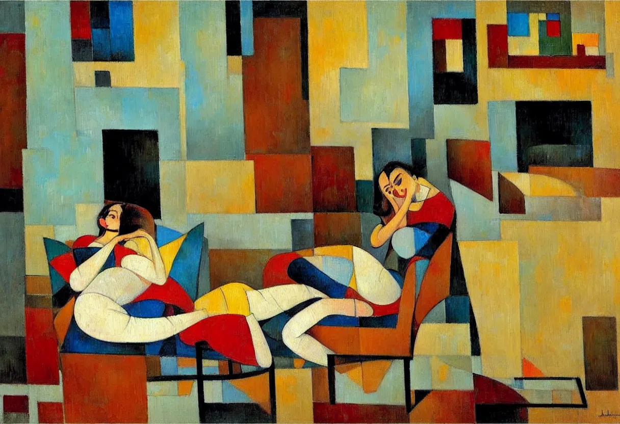 Prompt: figurative oil painting of a woman relaxing in her cosy home, art by didier lourenco, spanish modernism, patterned background, balanced and aesthetically pleasing colors
