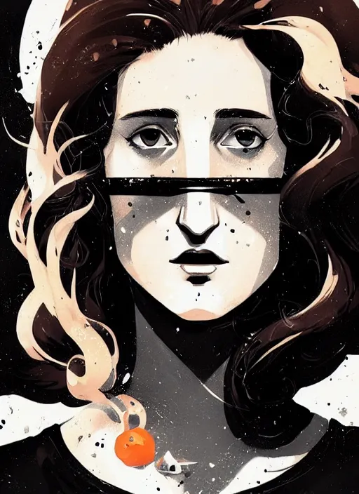 Image similar to highly detailed closeup portrait of beautiful grace gummer as dom dipierro, wavy ginger hair, black dress, by atey ghailan, by greg rutkowski, by greg tocchini, by james gilleard, by joe fenton, by kaethe butcher, gradient orange, black and white color scheme, grunge aesthetic!!! ( ( graffiti tag wall background ) )