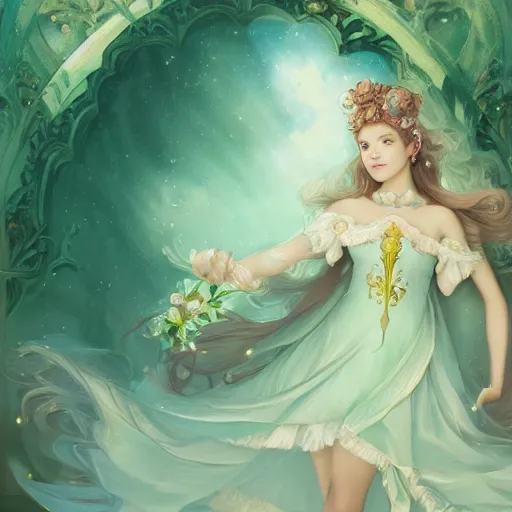 Image similar to Portrait of magical girl, dreamy and ethereal, mint green eyes, peaceful expression, ornate frilly dress, fantasy, intricate, elegant, beautiful, digital art, dynamic lighting, golden ratio, highly detailed, digital painting, trending on artstation, concept art, smooth, sharp focus, illustration, photo realistic, art by artgerm and greg rutkowski and alphonse mucha, 4K