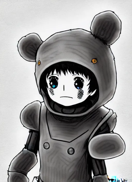 Image similar to beautiful little boy wearing an cyborg bear suit, artwork in kentaro miura and made in abyss and rosdraws, smooth, beautiful lightness, anatomically correct, trending on pixiv, forest