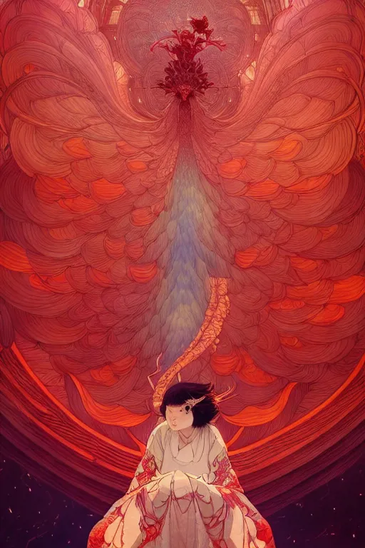 Prompt: a beautiful exquisite delicate hyperdetailed character design 4 k wallpaper illustration of a huge reddish phoenix, victo ngai style, from china, style of studio ghibli, makoto shinkai, raphael lacoste, louis comfort tiffany, denoise, deblurring, artgerm, xision, james jean, ross tran, chinese style