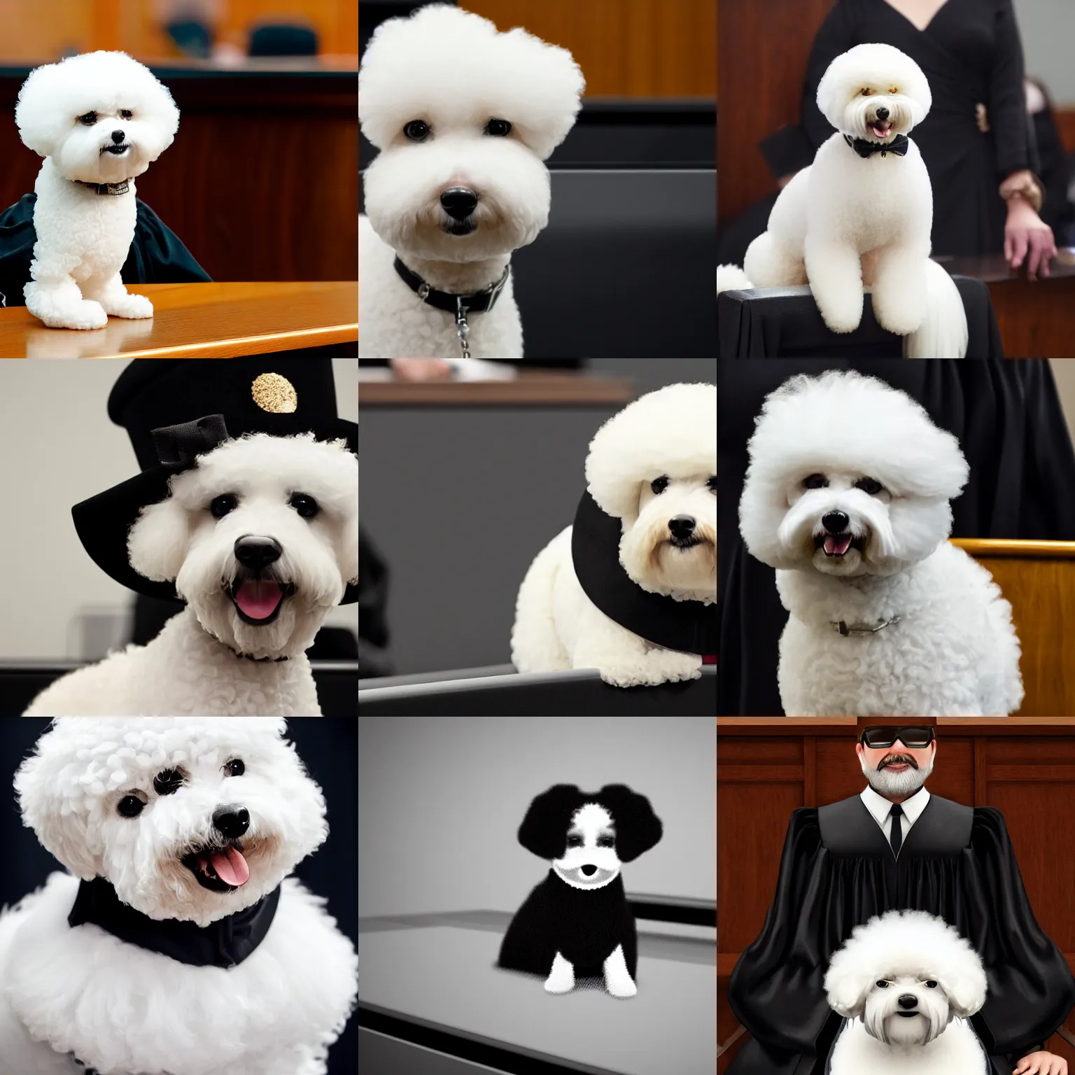 Prompt: a closeup photorealistic illustration of a smiling bichon frise judge wearing a black gown at the bench in courtroom. this 4 k hd image is trending on artstation, featured on behance, well - rendered, extra crisp, features intricate detail and the style of unreal engine.