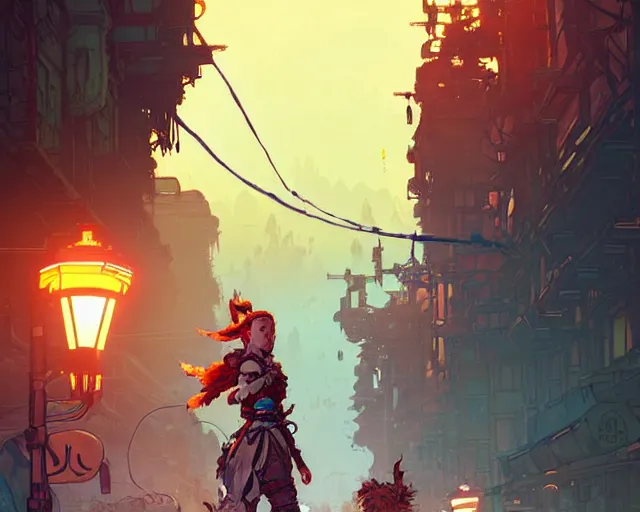 Image similar to Aloy of horizon zero dawn in a street with lamps, road, illustration, wide shot, subtle colors, post grunge, concept art by josan gonzales and wlop, by james jean, Victo ngai, David Rubín, Mike Mignola, Laurie Greasley, highly detailed, sharp focus, Trending on Artstation, HQ, deviantart, art by artgem