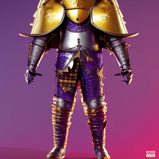 Image similar to a highly detailed knight with glowing purple eyes in a golden helmet and a golden crown with a diamond in the center, golden armor, leather clothes under the armor, leather gloves, holds a black sword, artstation, DeviantArt, professional, octane render, sunset lighting