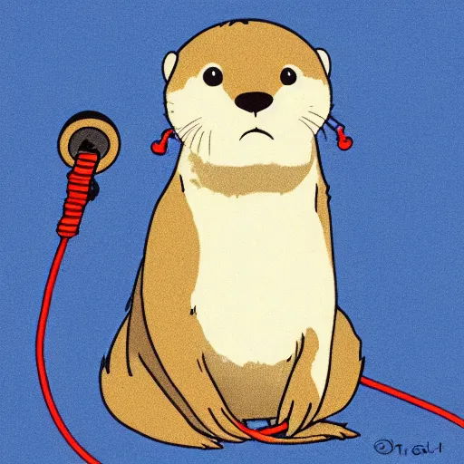 Image similar to otter with a headphone in the style of ghibli animations