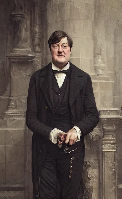 Image similar to Portrait of Stephen Fry as a victorian gentleman, male, detailed face, 19th century, highly detailed, cinematic lighting, digital art painting by greg rutkowski