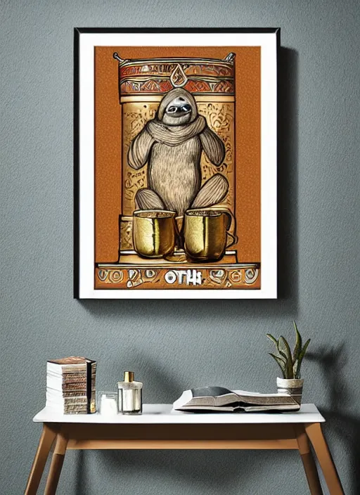 Image similar to sloth as the king of cups, copper cup, coper crown, poster framed, intricate details, medieval art style, high contrast, posterized
