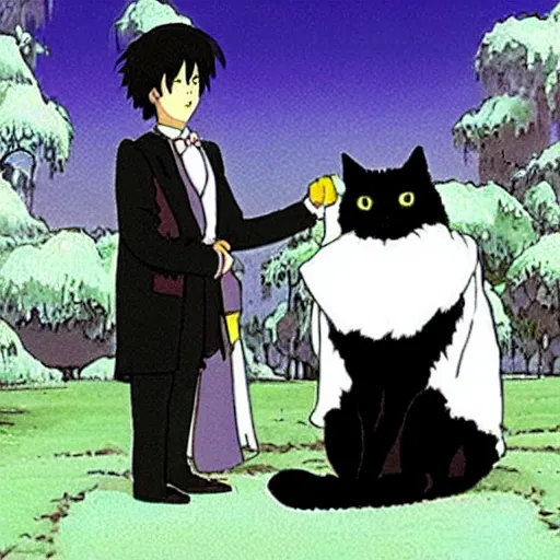 Image similar to a black cat wearing a white wedding dress, Miyazaki, studio ghibli