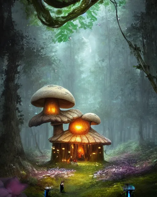 Prompt: a tall cute mushroom house in a magical forest in spring, cinematic, stunning, adorable, artstation, smooth, hard focus, illustration, art by jessica rossier and brian froud