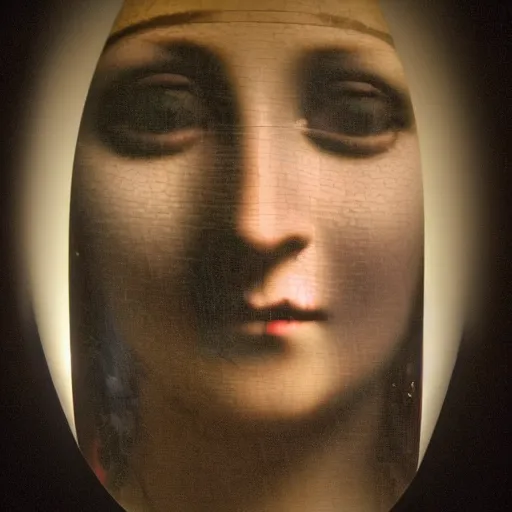 Image similar to fish eye of mona lisa looking me, dark lighting