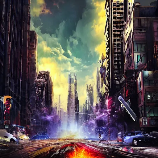 Image similar to destructive giant monsters in the city, photorealistic, highly detailed, sharp focus, vivid, colorful, symmetrical, random, convoluted, mind - blowing, creative, fully functional, end of the world, physics defying, amazing, cool