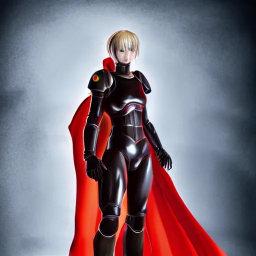 Image similar to a young female soldier with soot stained face, no makeup, in glossy sleek white bloodstained armor inspired by samus aran, long torn red cape, heroic posture, determined expression, no helmet, on the surface of mars, dramatic lighting, cinematic, sci-fi, hyperrealistic, detailed