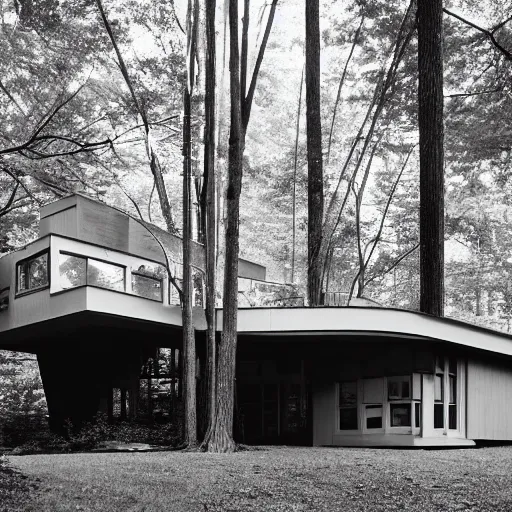 Image similar to architecture ad for a mid-century modern house in the middle of the forrest, designed by Frank Gehry. Film grain, cinematic, grayscale, yellow hue