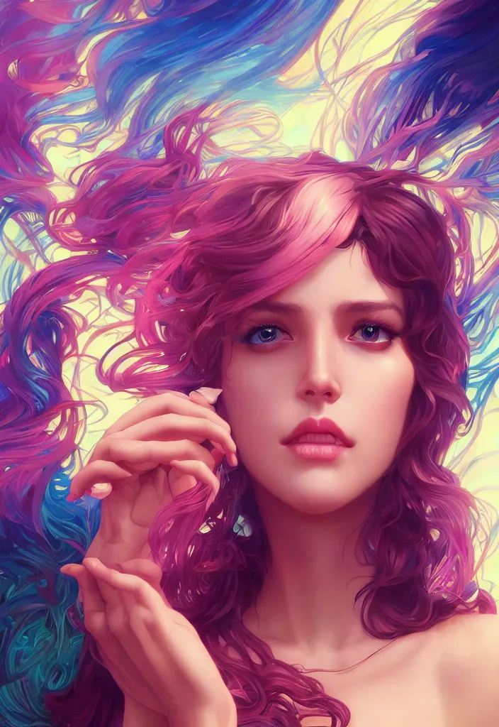 Prompt: beautiful, young woman, detailed gorgeous face, vaporwave aesthetic, synthwave, colorful, psychedelic, artstation, concept art, smooth, extremely sharp detail, finely tuned detail, ultra high definition, 8 k, unreal engine 5, ultra sharp focus, illustration, art by artgerm, greg rutkowski and alphonse mucha